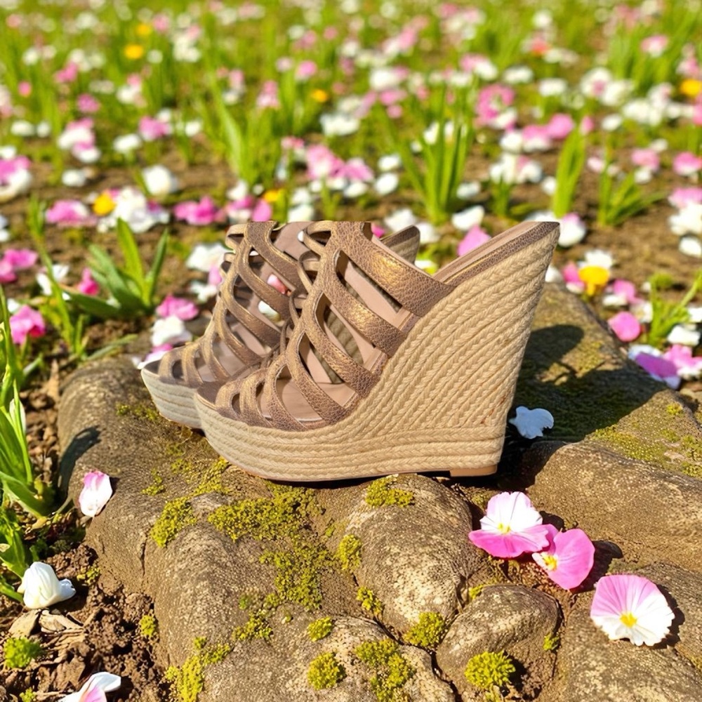 Elie Tahari Gold Wedge Sandals with Espadrille Design